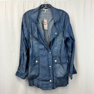 New Caro Womens New Denim Style Jean Jacket Blue Snap Pockets Collar S